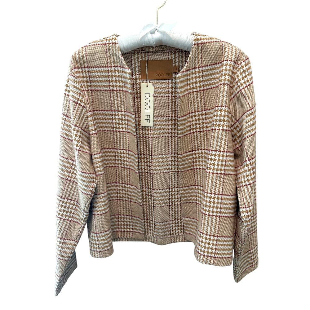 ROOLEE Plaid Houndstooth Beige Brown Open Front Cropped Blazer Jacket NWT Large